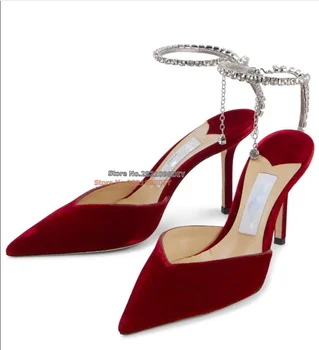 Şarap Kırmızı Kadife 85Mm Topuklu yüksek topuklu sandalet Kadın Moda Sivri Burun Kristal Ayak Bileği Wrap yaz elbisesi Ayakkabı