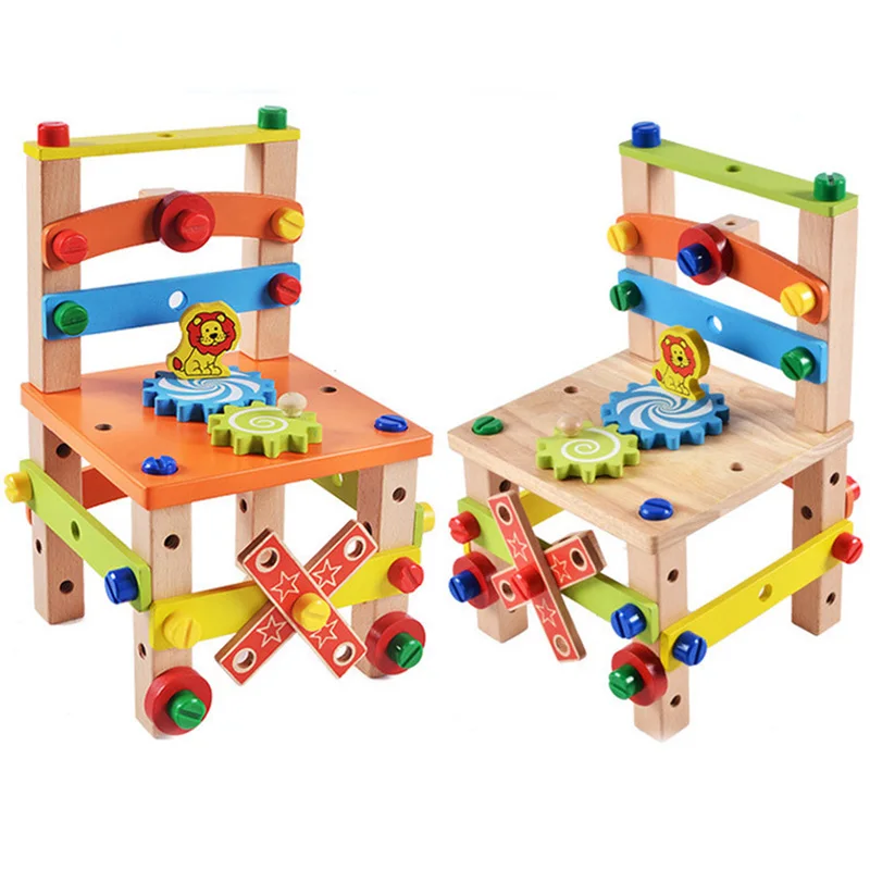 Ahşap Montaj Sandalye Montessori Oyuncaklar Çocuklar Çok Fonksiyonlu Çeşitli Somun Kombinasyonu Montaj Aracı Sandalye Eğitici Ahşap Oyuncaklar