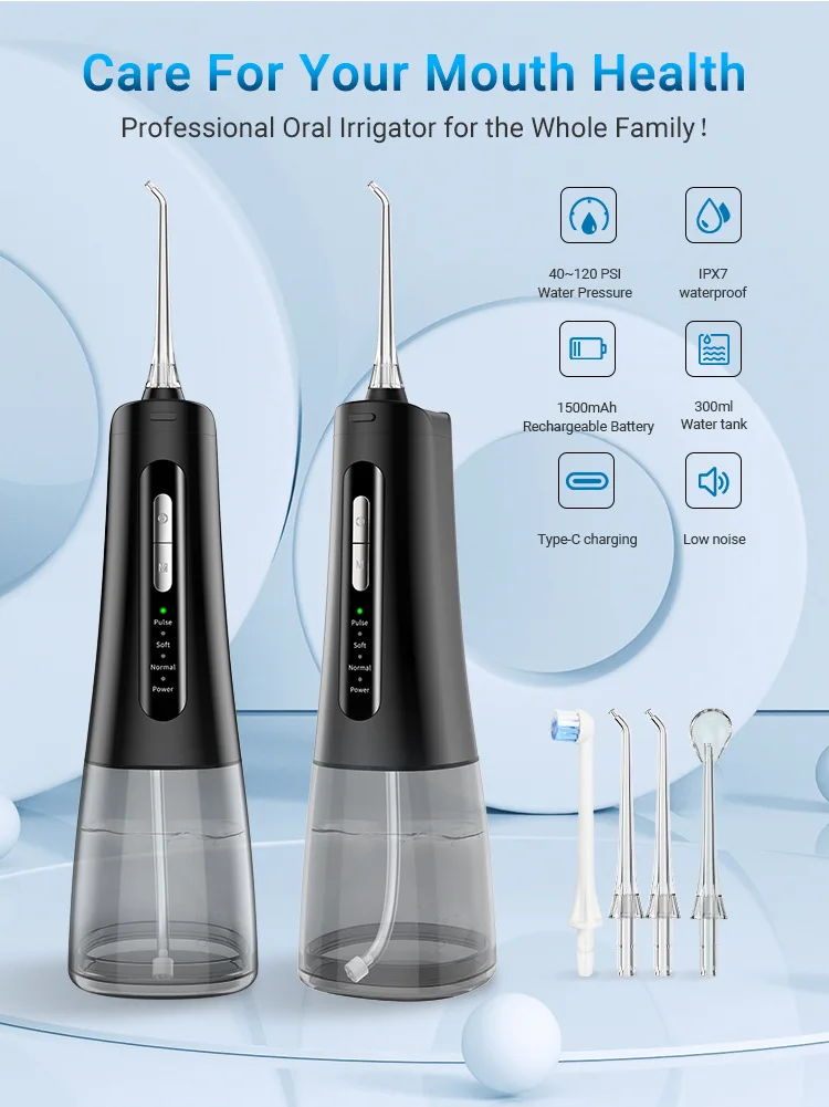 Diş ağız duşu diş duşu Diş 300ML Tankı 4 Modları Taşınabilir diş su jeti İpi Şarj Edilebilir Diş Temizleyici IPX7