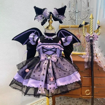 Kawaii Sanrio Kuromi Çocuk Elbise Lolita Kız parti giysileri Moda Baskı papyon Prenses Elbiseler Cadılar Bayramı doğum günü hediyesi